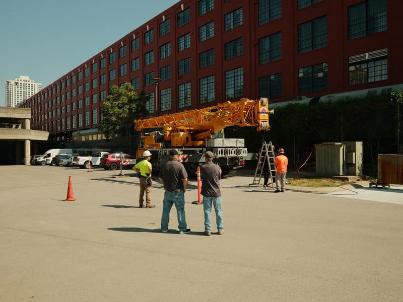 NK Mechanical crew planning a crane lift at a Nashville commercial building