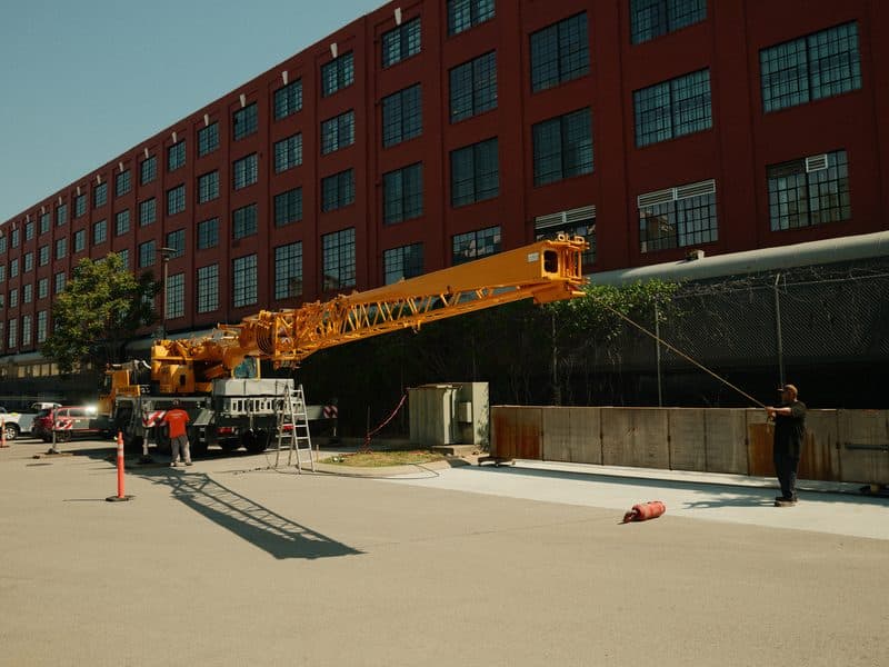 Crane with boom extended setting mechanical equipment at Cummins Station, Nashville